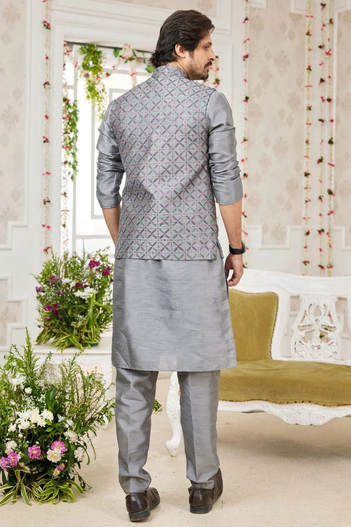 Grey Colour Art Silk Kurta Pajama With Jacket KP1230276 A