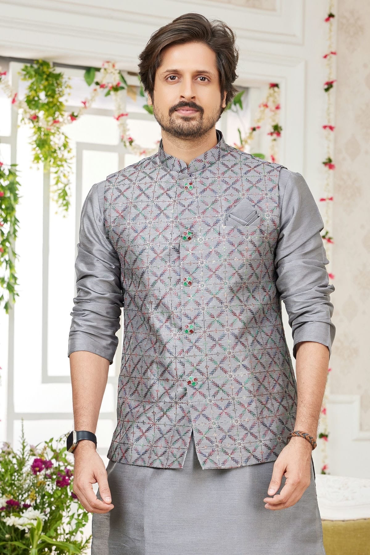 Grey Colour Art Silk Kurta Pajama With Jacket KP1230276 B