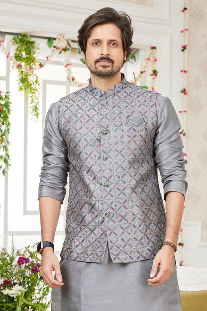 Grey Colour Art Silk Kurta Pajama With Jacket KP1230276 B