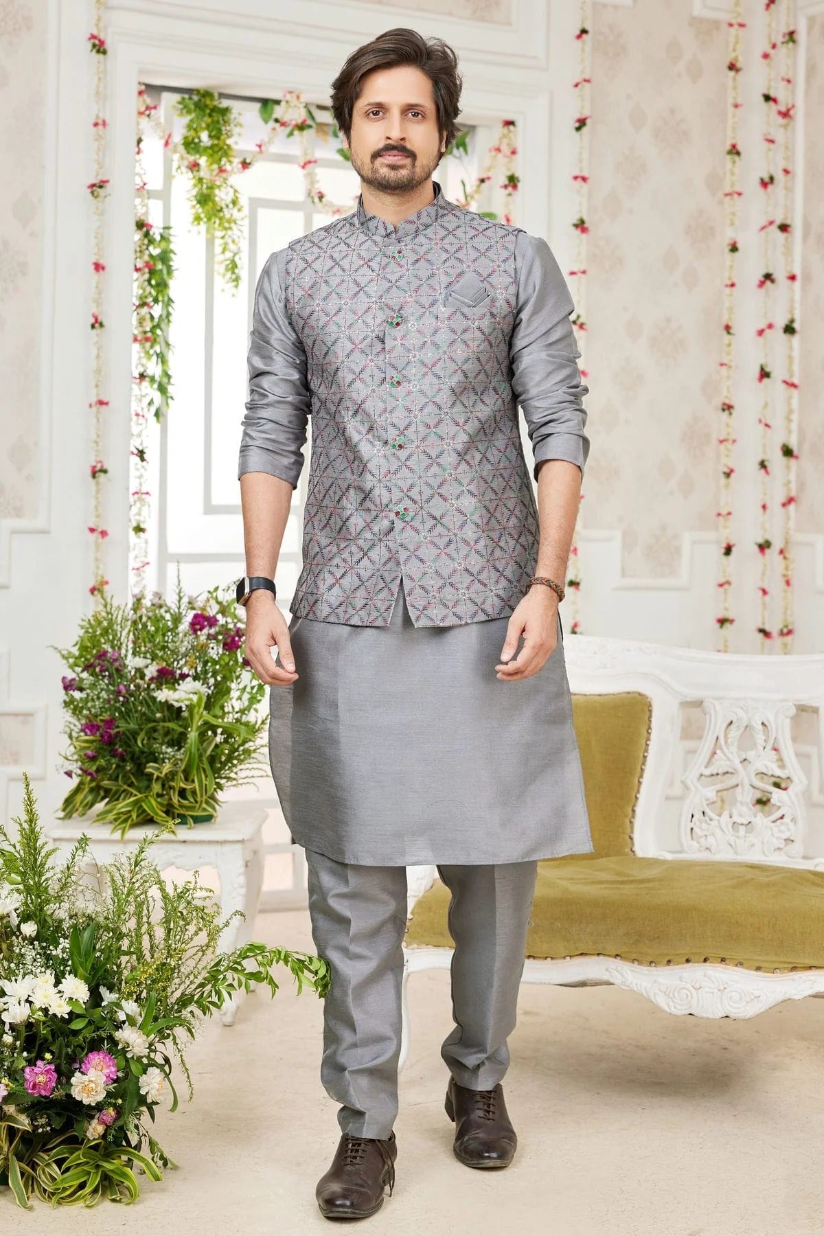Grey Colour Art Silk Kurta Pajama With Jacket KP1230276