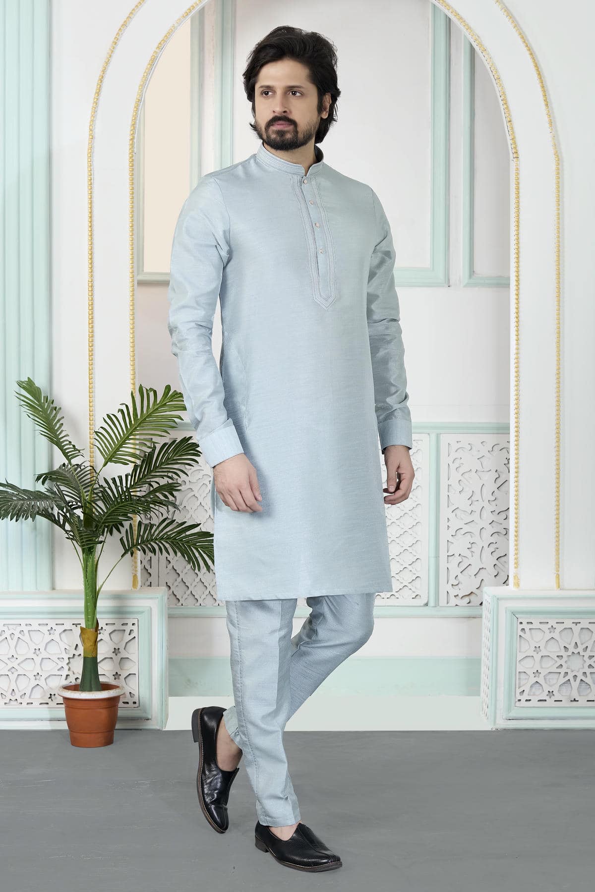 Grey Colour Art Silk Pintux Work Kurta Pajama