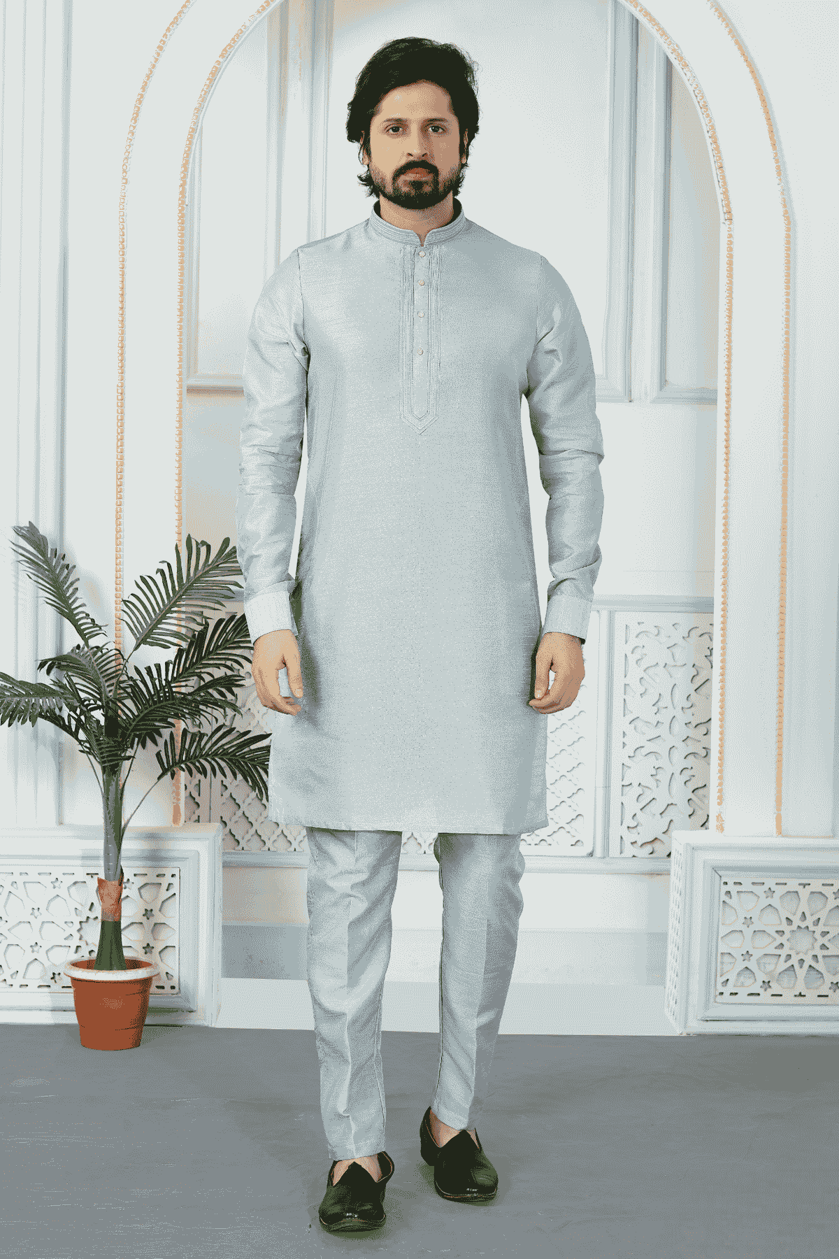 Grey Colour Art Silk Pintux Work Kurta Pajama