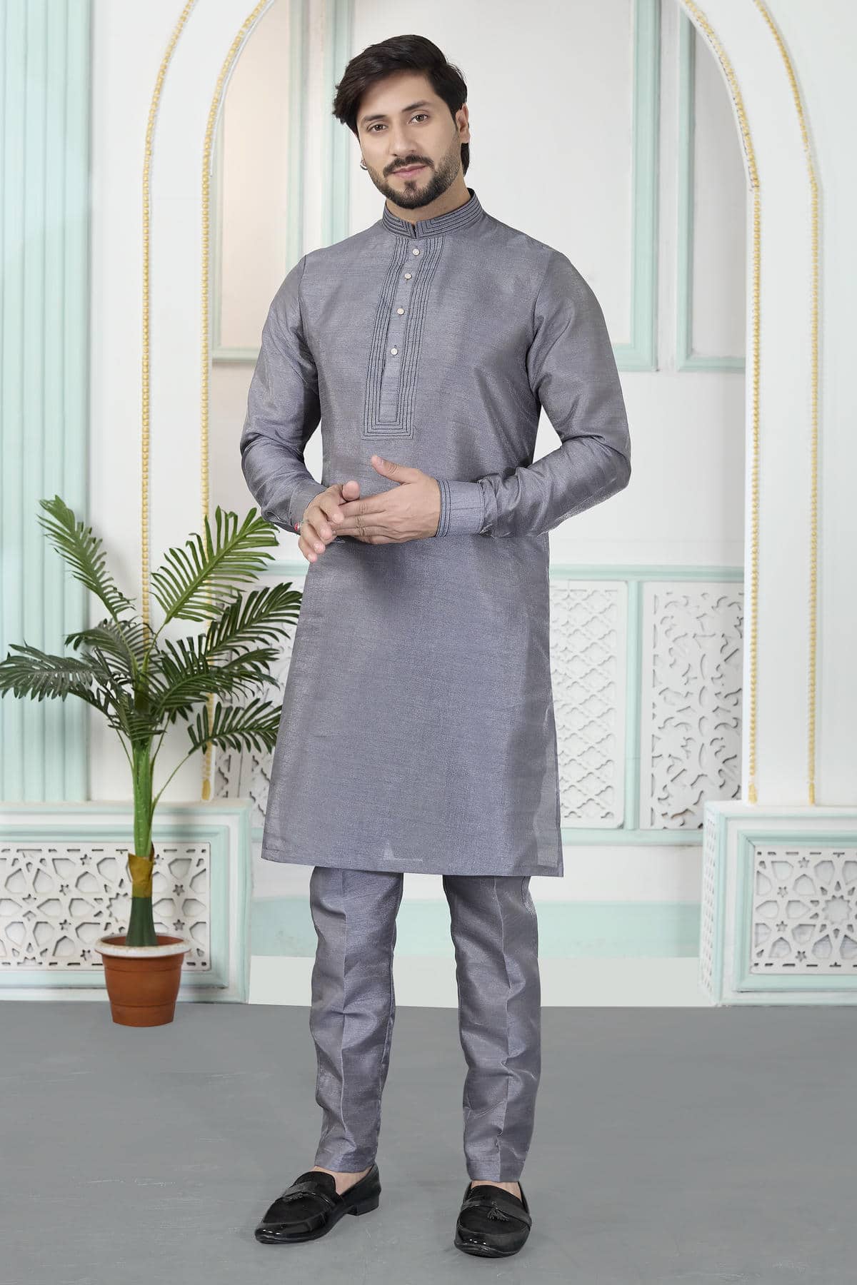 Grey Colour Art Silk Pintux Work Kurta Pajama