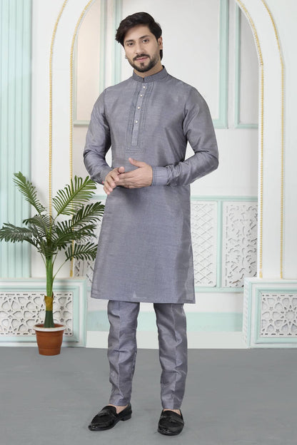 Grey Colour Art Silk Pintux Work Kurta Pajama