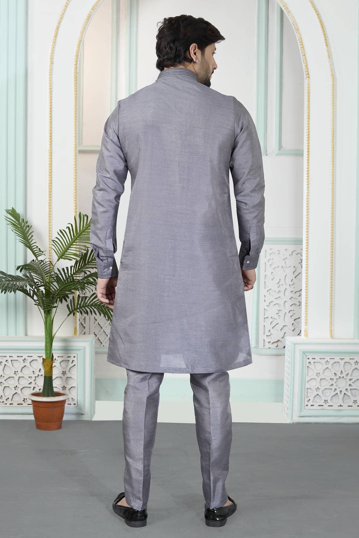 Grey Colour Art Silk Pintux Work Kurta Pajama