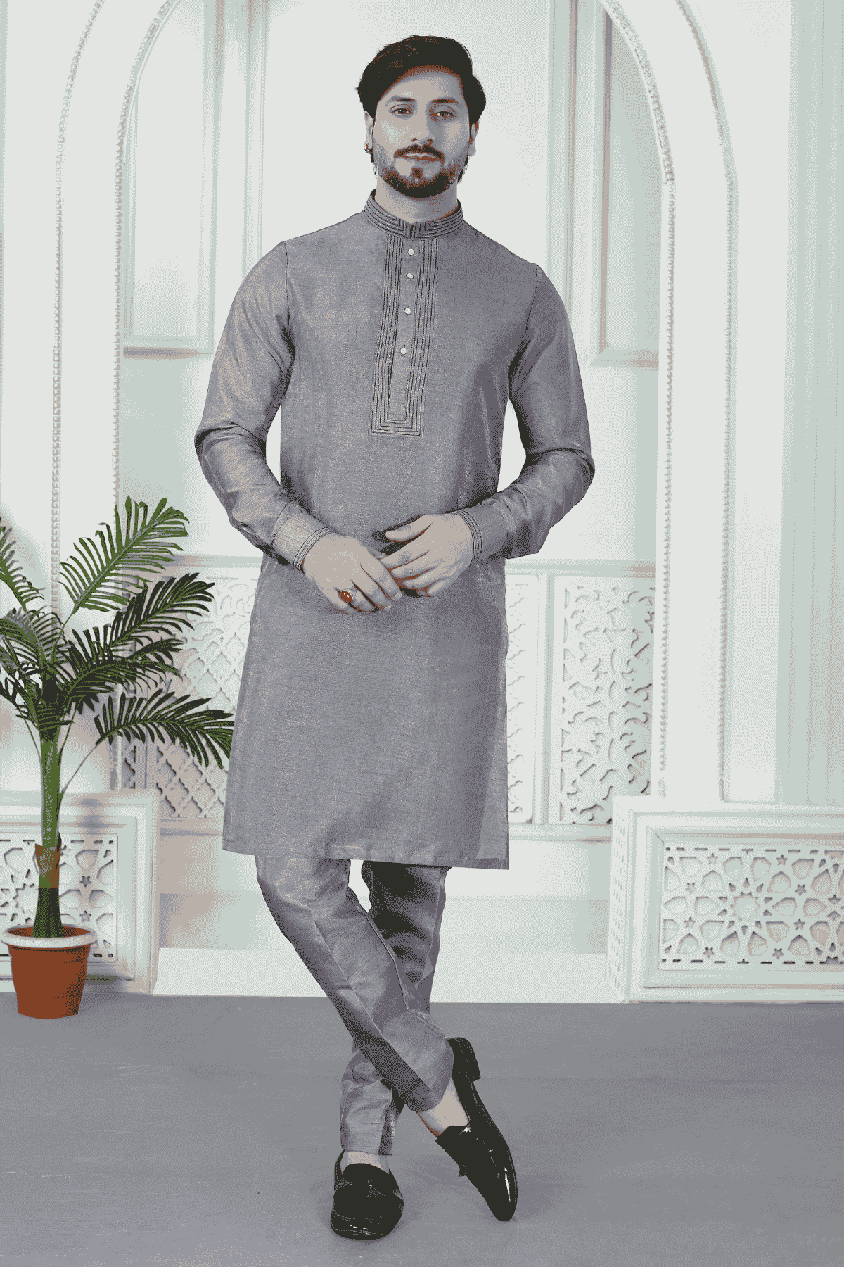 Grey Colour Art Silk Pintux Work Kurta Pajama