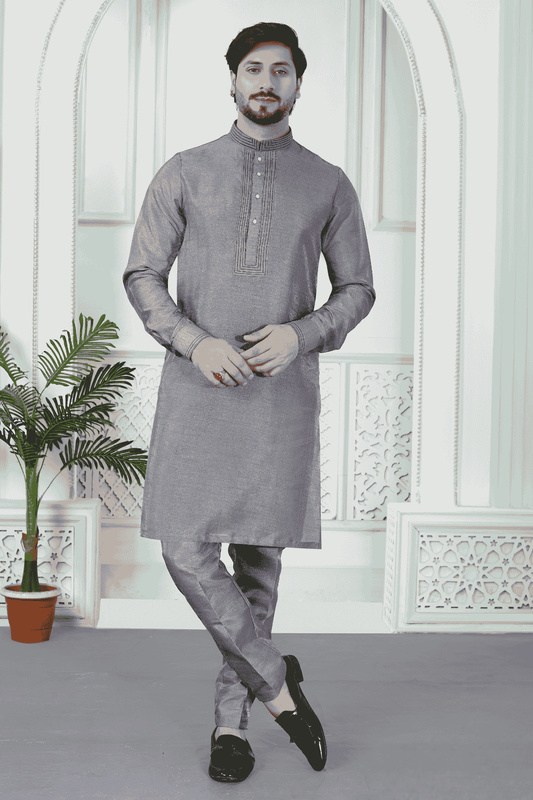 Grey Colour Art Silk Pintux Work Kurta Pajama