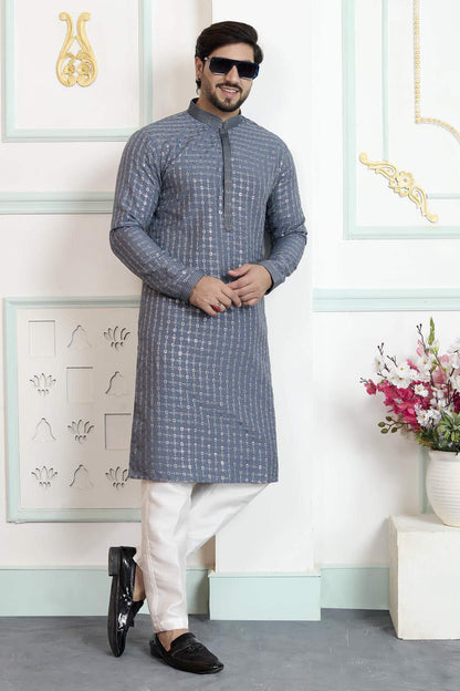 Grey Colour Art Silk Pintux Work Kurta Pajama