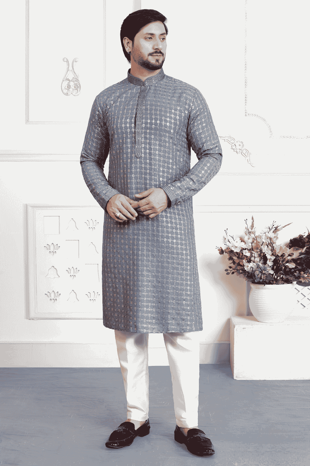 Grey Colour Art Silk Pintux Work Kurta Pajama