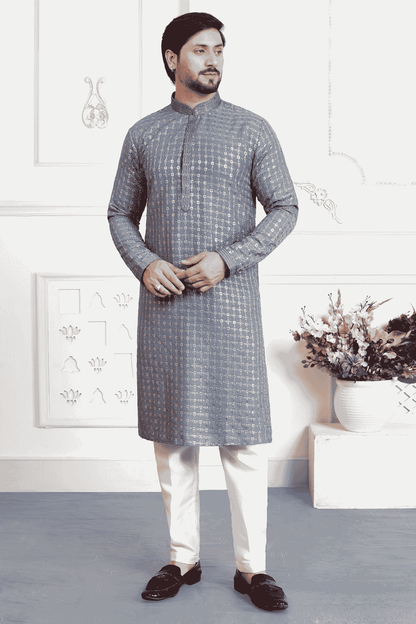 Grey Colour Art Silk Pintux Work Kurta Pajama