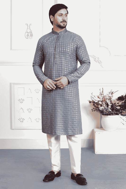 Grey Colour Art Silk Pintux Work Kurta Pajama