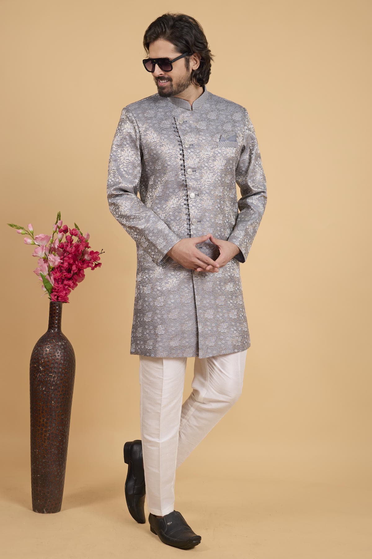 Grey Colour Art Silk Pintux Work Semi Indo Western Sherwani