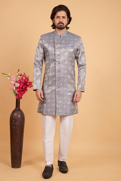 Grey Colour Art Silk Pintux Work Semi Indo Western Sherwani