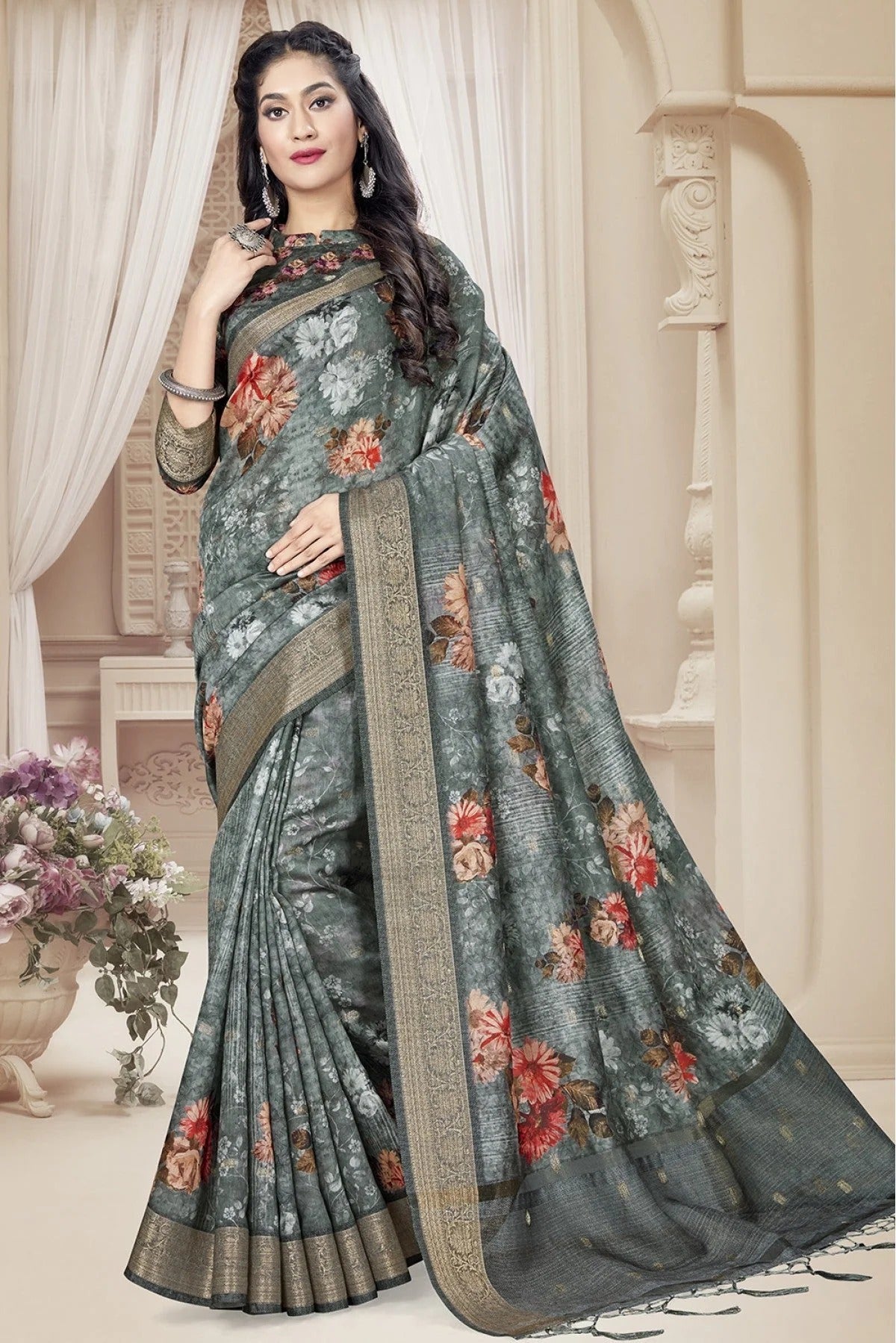 Grey Colour Art Silk Printed Saree SD1120640