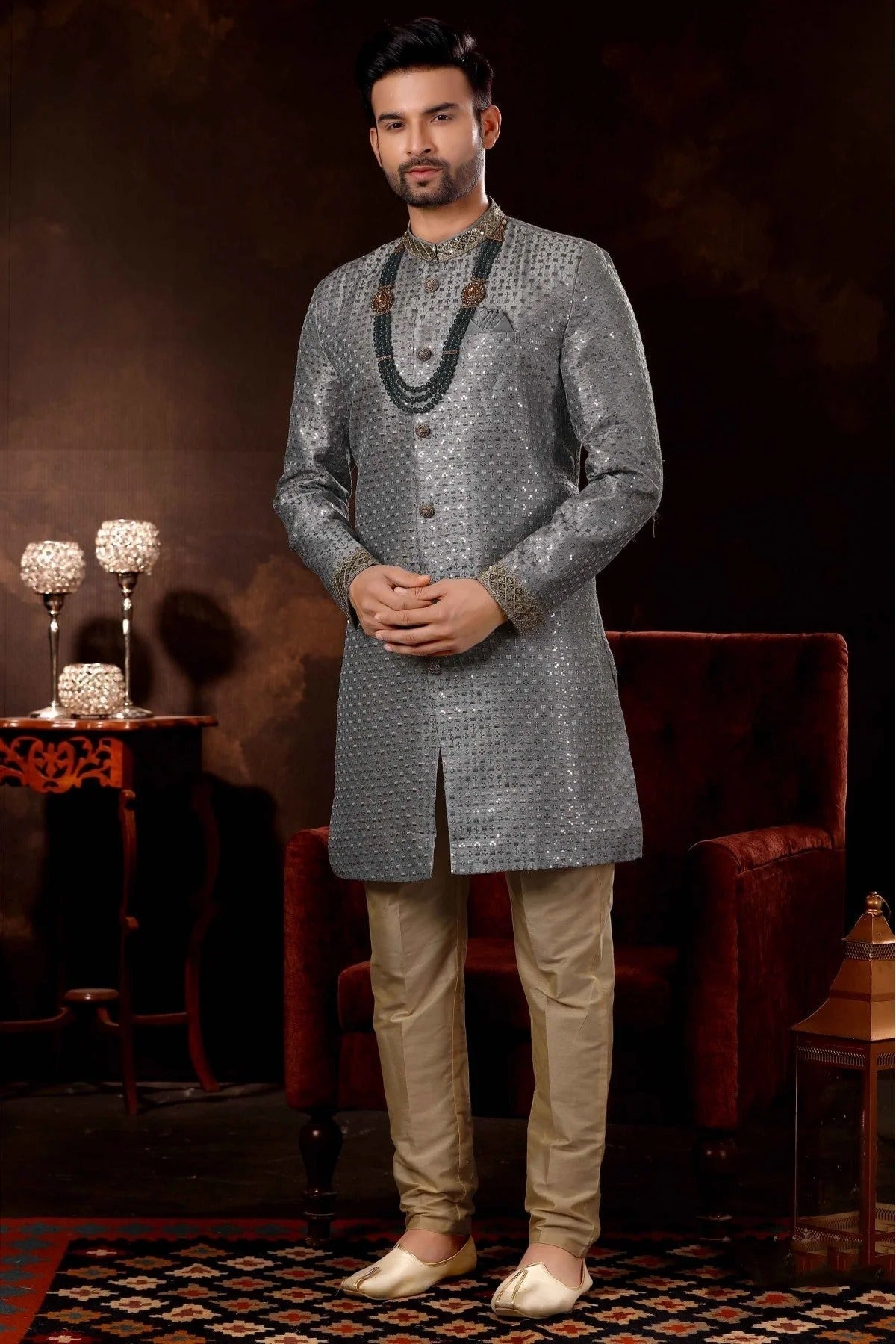 Grey Colour Art Silk Sherwani SH1040364