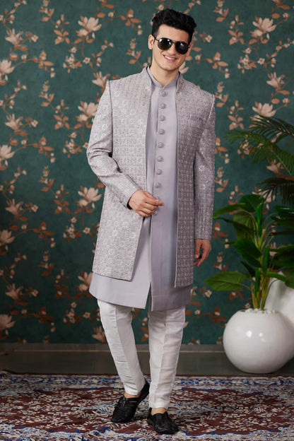 Grey Colour Art Silk Thread Work 3 Pcs Indo Western