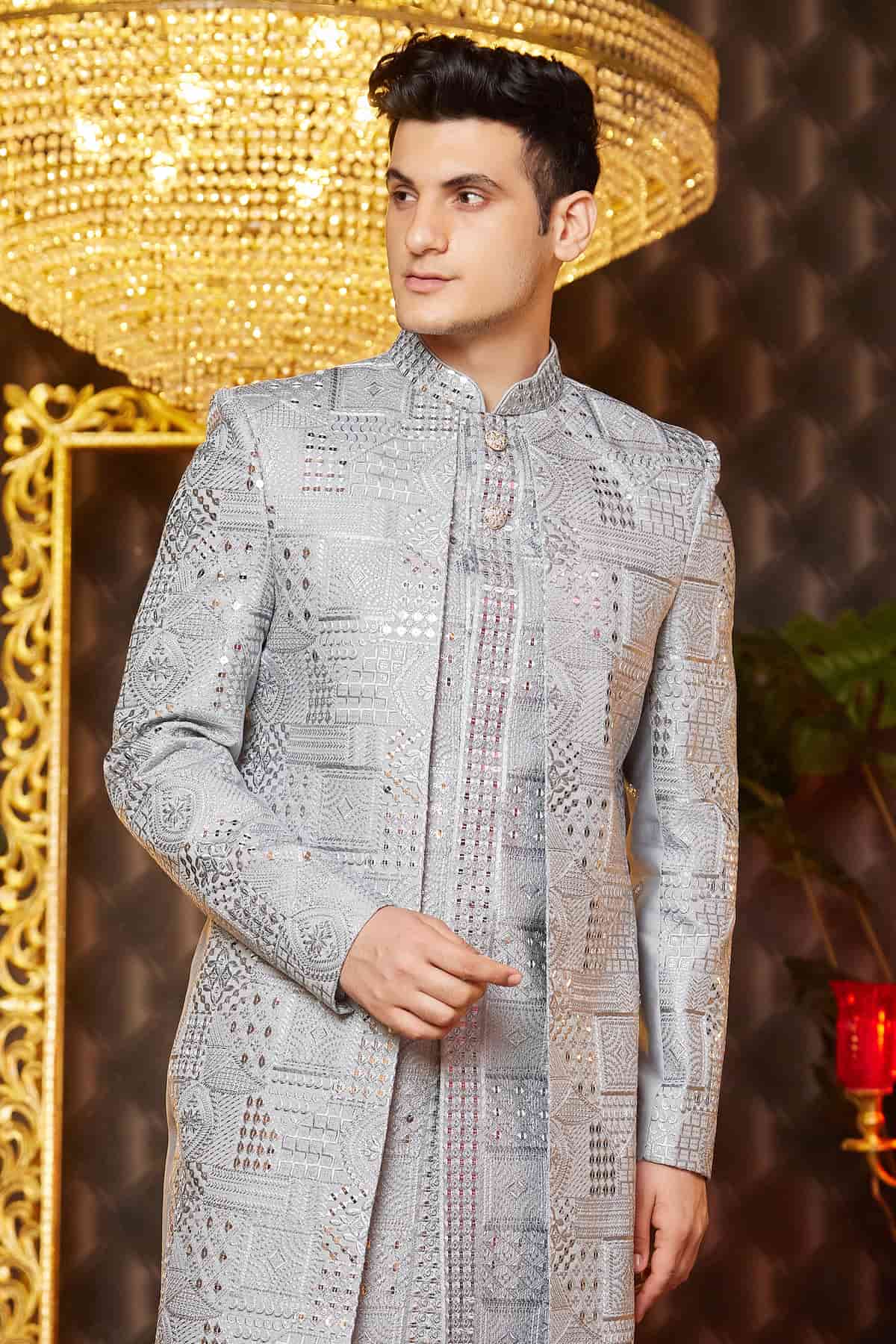 Grey Colour Art Silk Thread Work Embroidery 3 Pcs Attach Indo Western