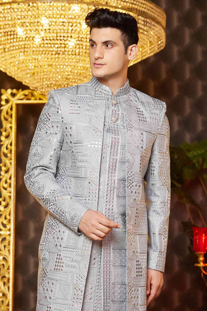 Grey Colour Art Silk Thread Work Embroidery 3 Pcs Attach Indo Western