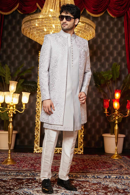 Grey Colour Art Silk Thread Work Embroidery 3 Pcs Indo Western