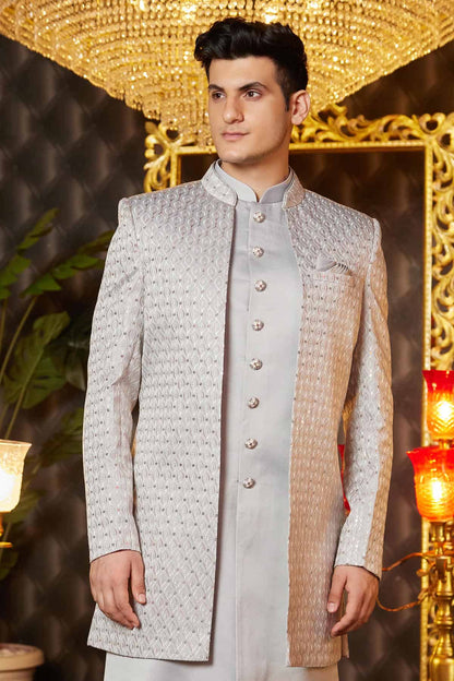 Grey Colour Art Silk Thread Work Embroidery 3 Pcs Indo Western
