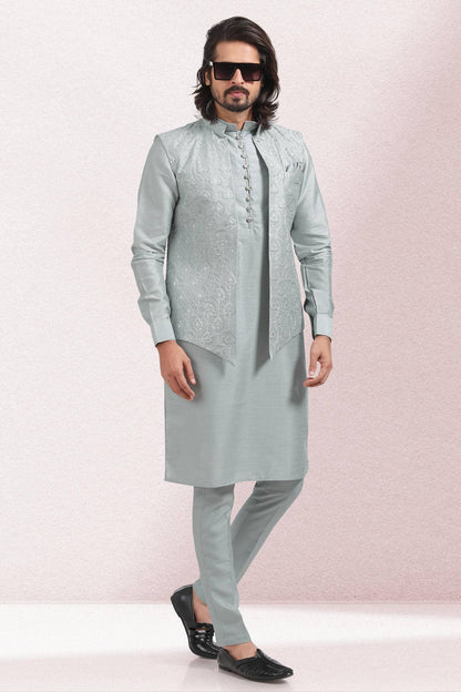 Grey Colour Art Silk Thread Work Kurta Pajama With Jacket