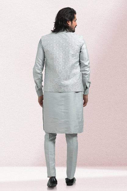 Grey Colour Art Silk Thread Work Kurta Pajama With Jacket