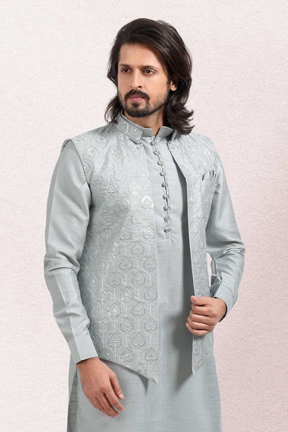 Grey Colour Art Silk Thread Work Kurta Pajama With Jacket