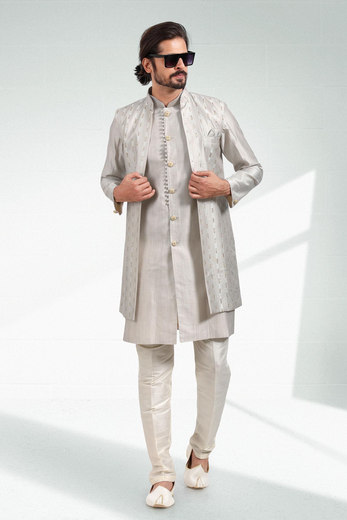 Grey Colour Art Silk Thread Work Kurta Pajama With Jacket