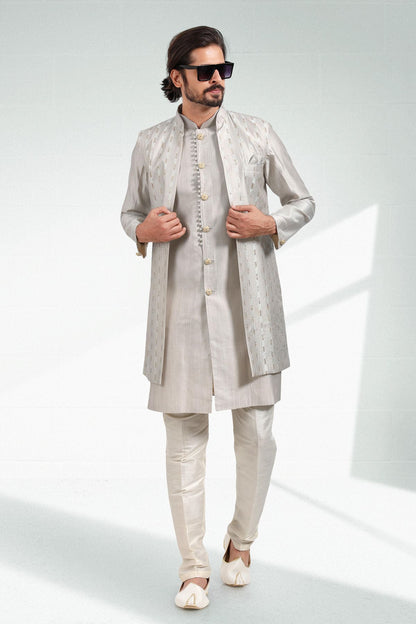 Grey Colour Art Silk Thread Work Kurta Pajama With Jacket