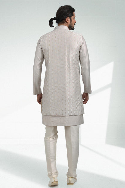 Grey Colour Art Silk Thread Work Kurta Pajama With Jacket