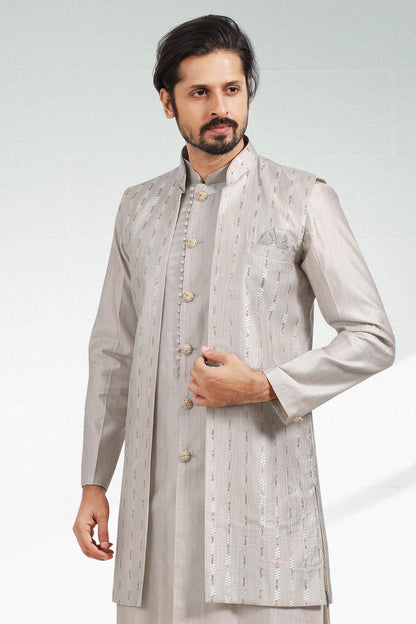 Grey Colour Art Silk Thread Work Kurta Pajama With Jacket