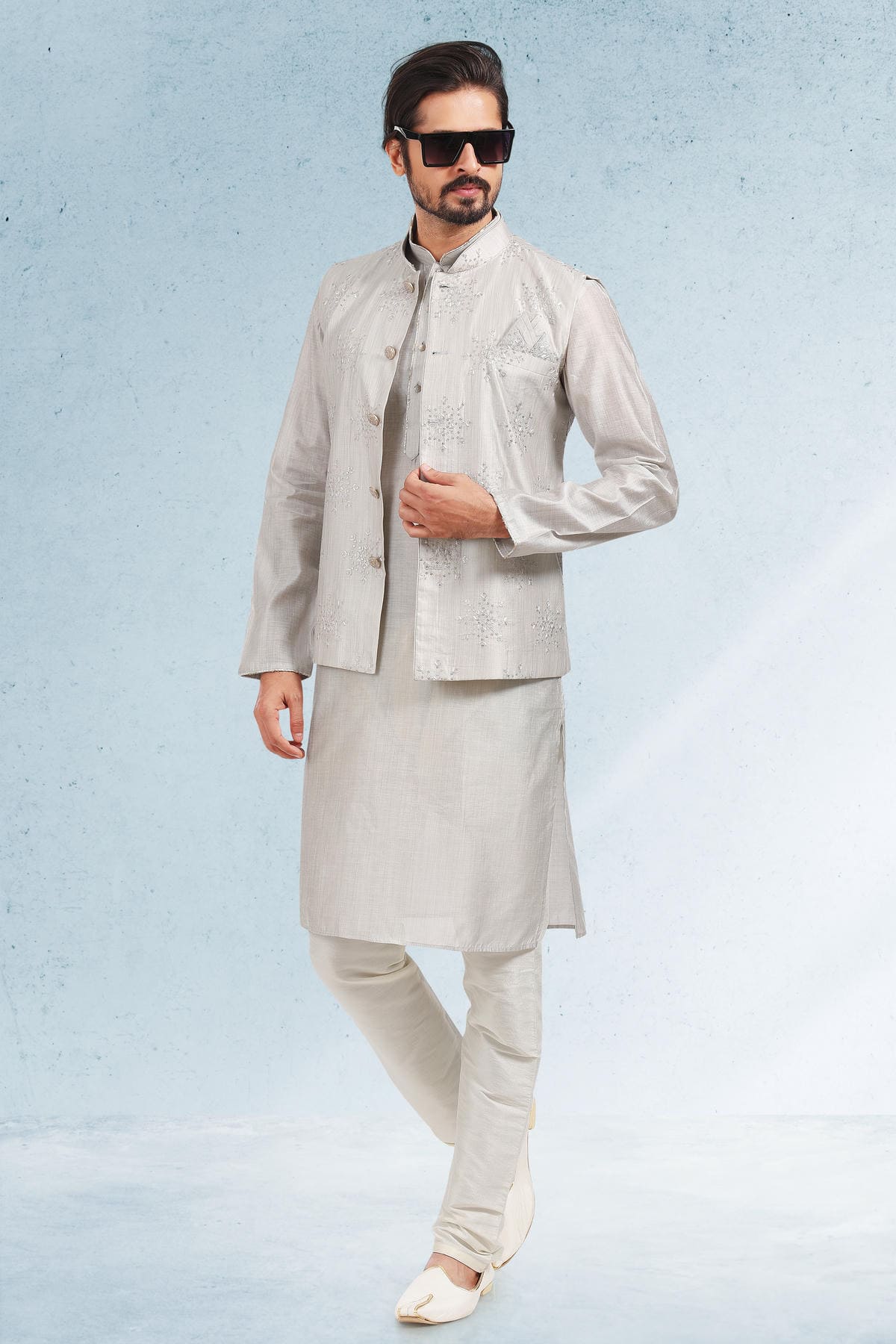 Grey Colour Art Silk Thread Work Kurta Pajama With Jacket