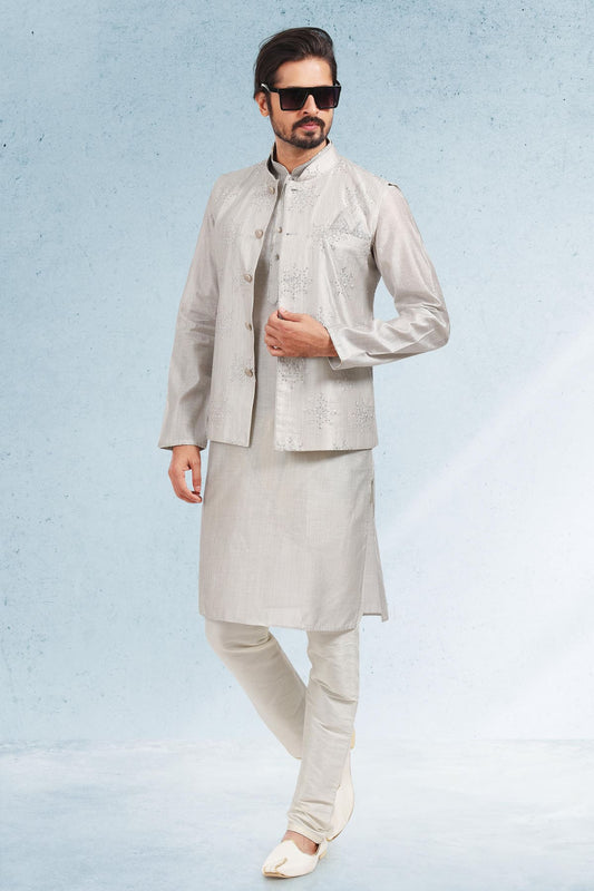 Grey Colour Art Silk Thread Work Kurta Pajama With Jacket