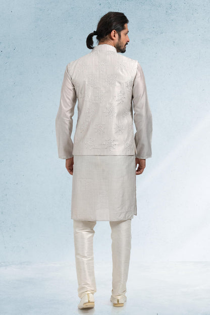 Grey Colour Art Silk Thread Work Kurta Pajama With Jacket