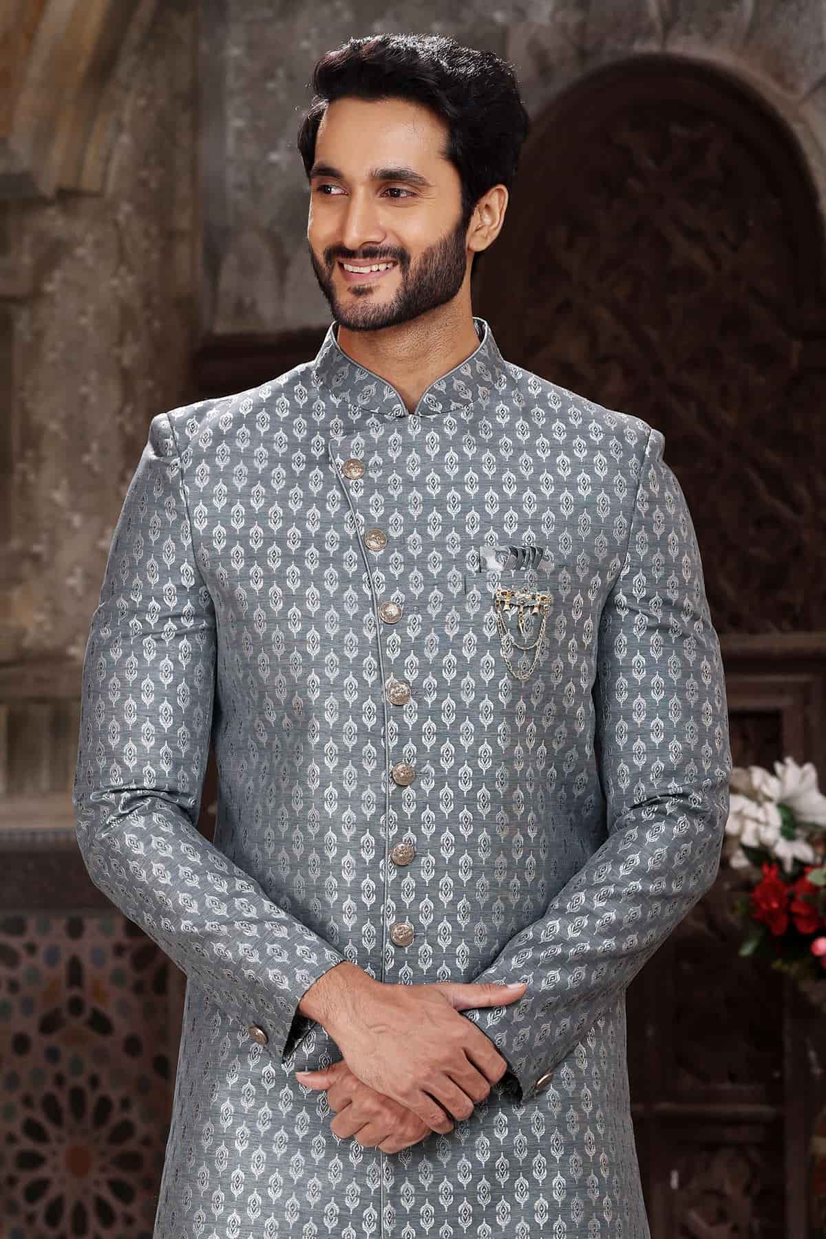 Grey Colour Banarasi Jacquard Embroidery Work indo western Sherwani