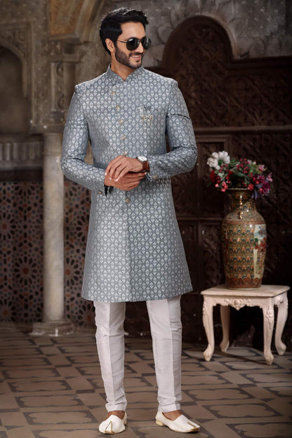 Grey Colour Banarasi Jacquard Embroidery Work indo western Sherwani