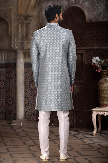 Grey Colour Banarasi Jacquard Embroidery Work indo western Sherwani