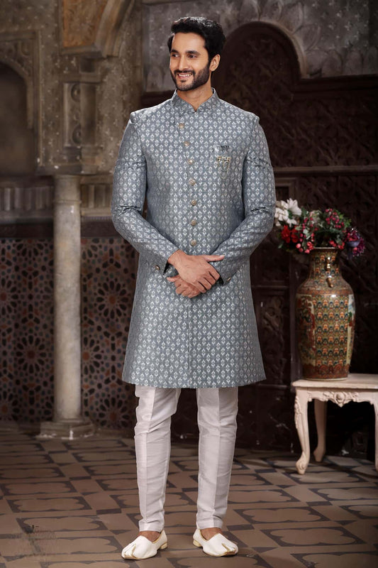 Grey Colour Banarasi Jacquard Embroidery Work indo western Sherwani