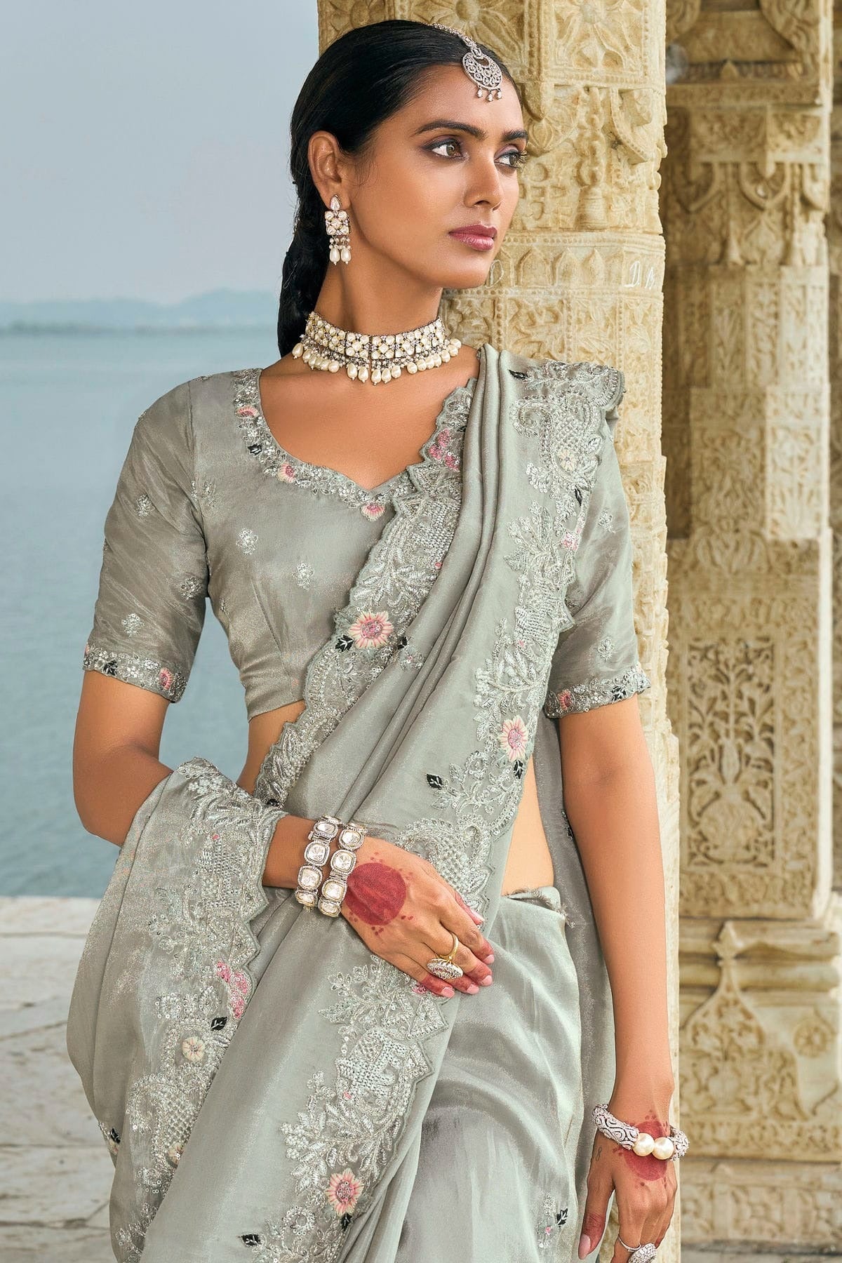 Grey Colour Banarasi Silk Designer Saree SD1111744 A