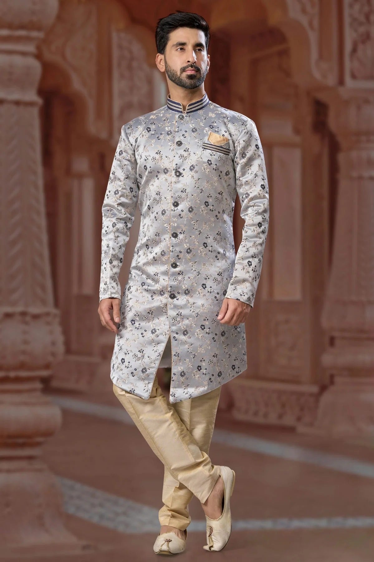 Grey Colour Banarasi Soft Jacquard Sherwani SH1040561
