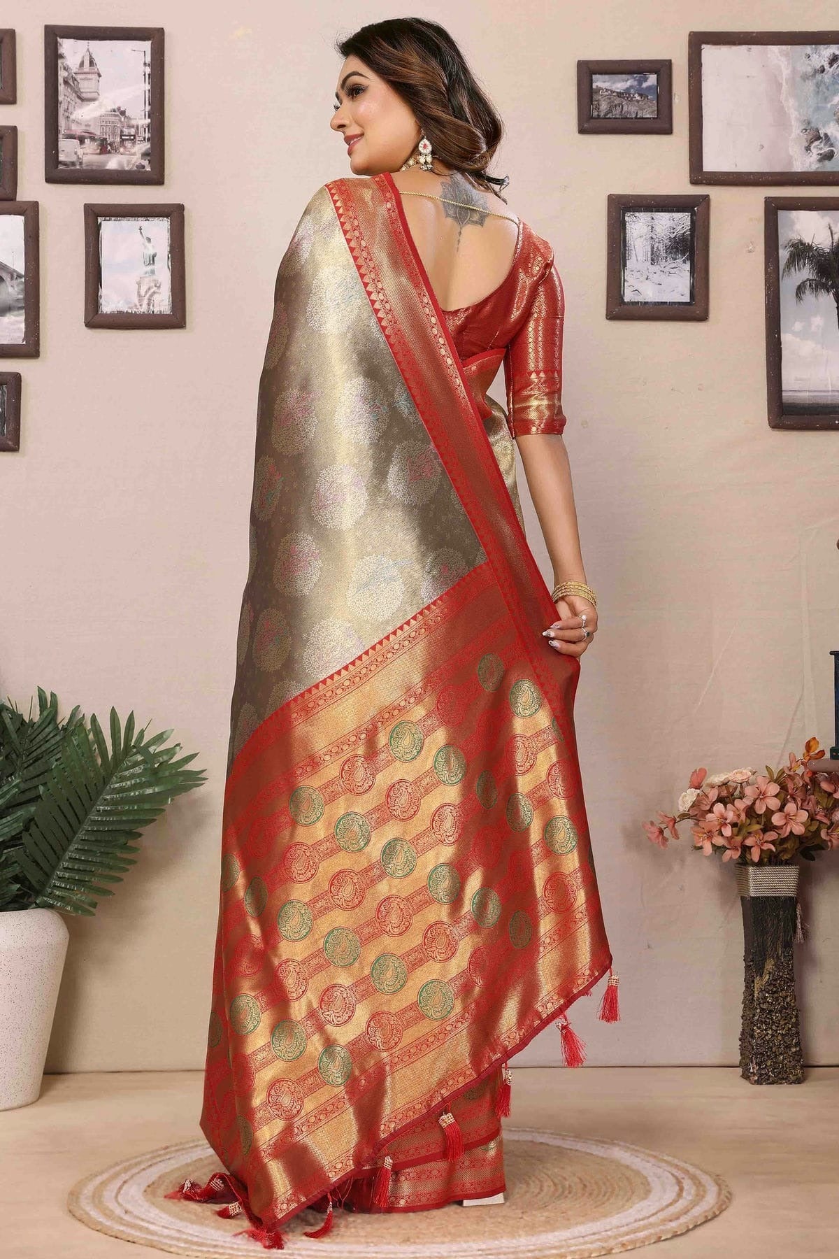 Grey Colour Banarasi Tissue Silk Traditional Saree SD1113100 A