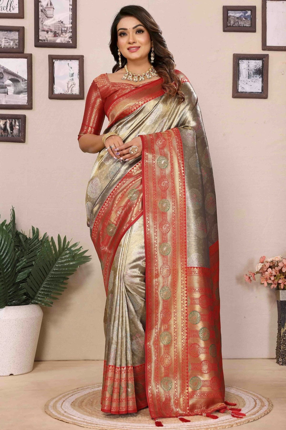 Grey Colour Banarasi Tissue Silk Traditional Saree SD1113100