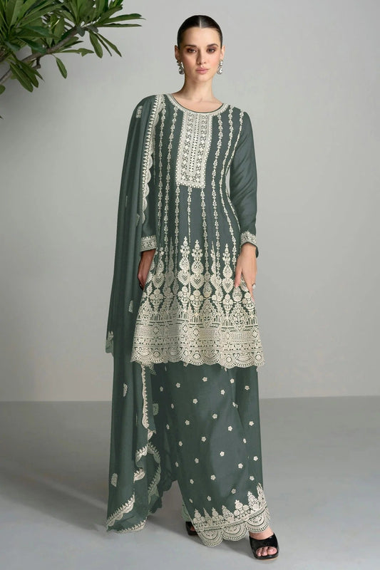 Grey Colour Blomming Chinon Palazzo Pant Suit SM1140067