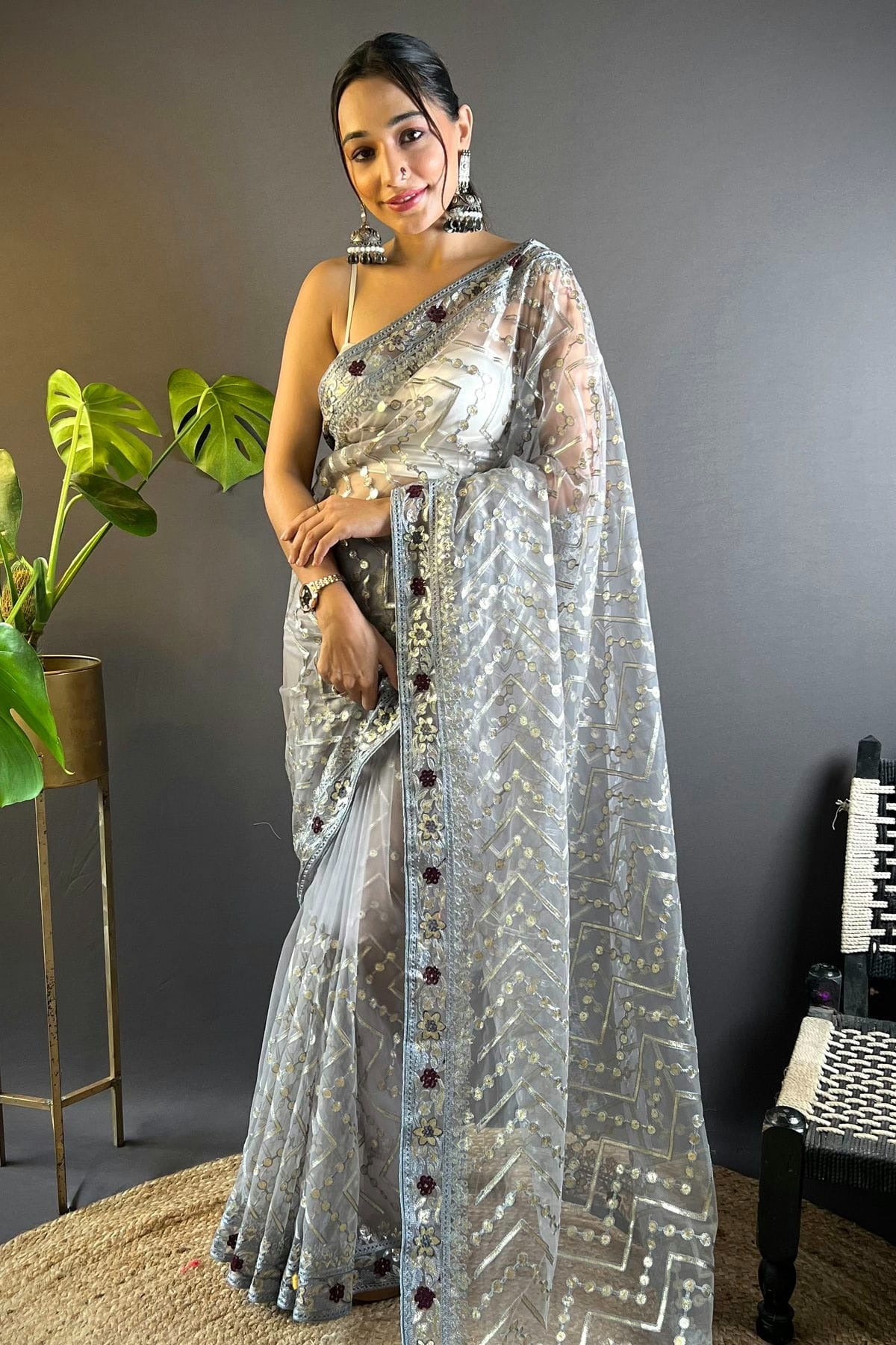 Grey Colour Butterfly Net Designer Saree SD1111759