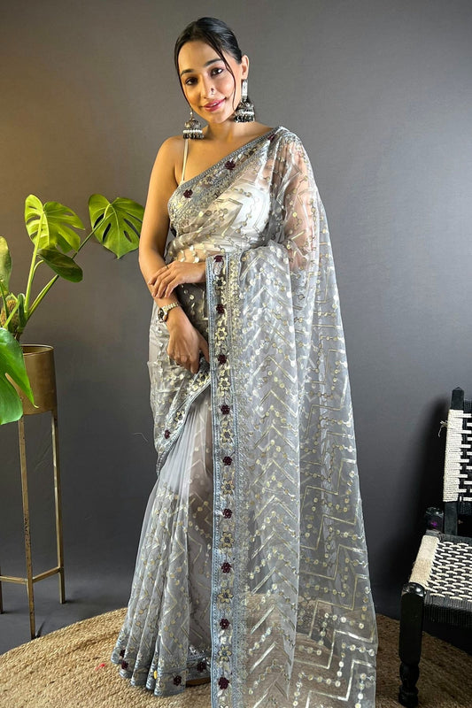 Grey Colour Butterfly Net Designer Saree SD1111759