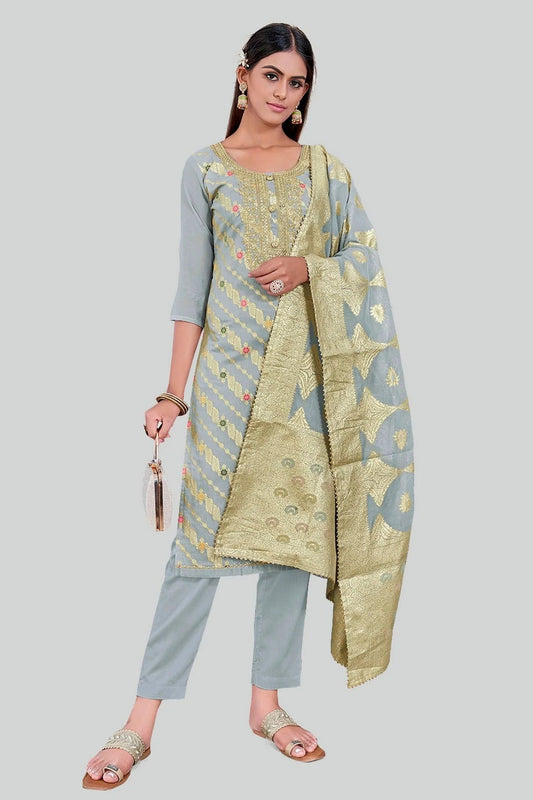 Grey Colour Chanderi Silk Pant Style Suit SM1110605