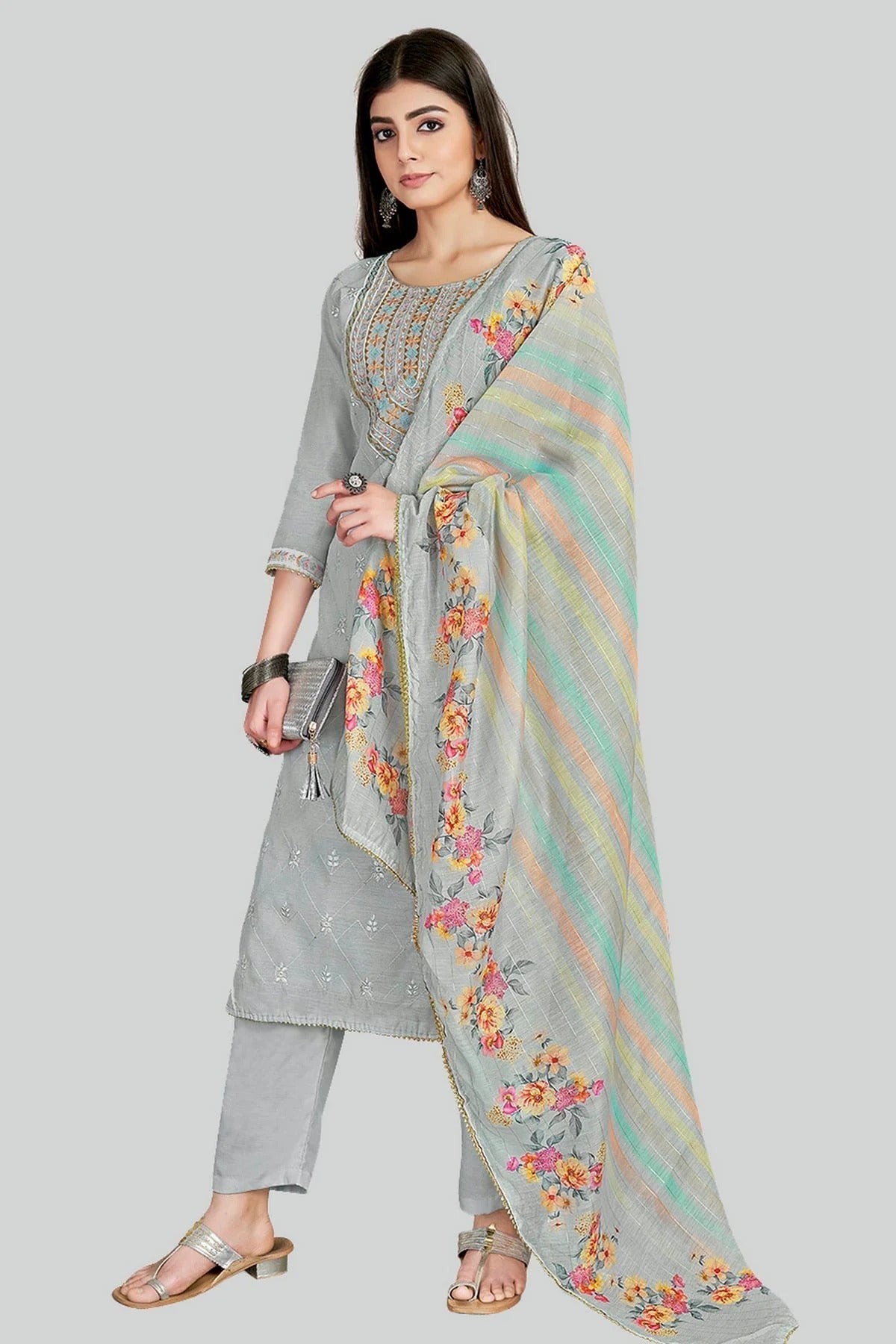 Grey Colour Chanderi Silk Pant Style Suit SM1110633