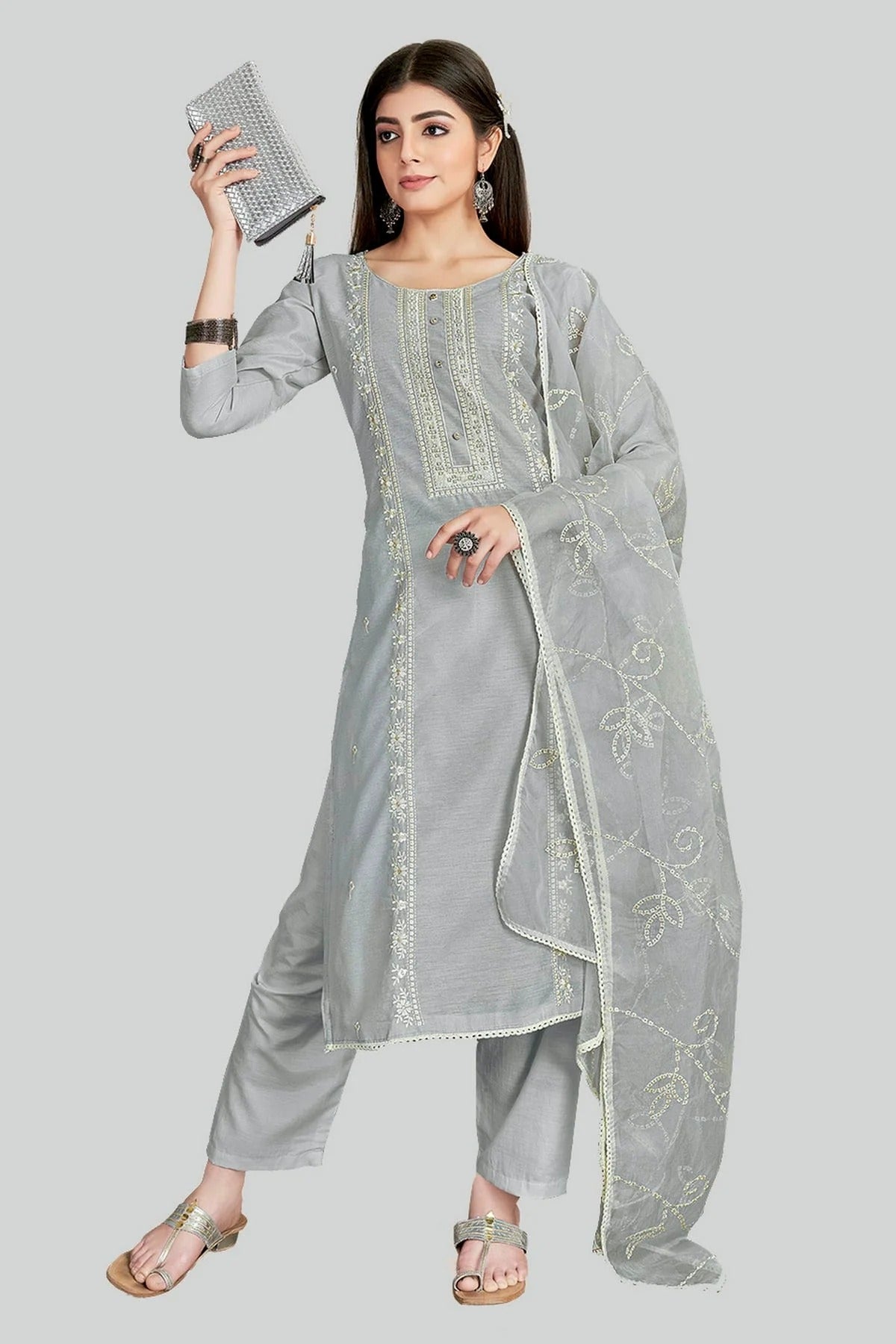 Grey Colour Chanderi Silk Pant Style Suit SM1110639