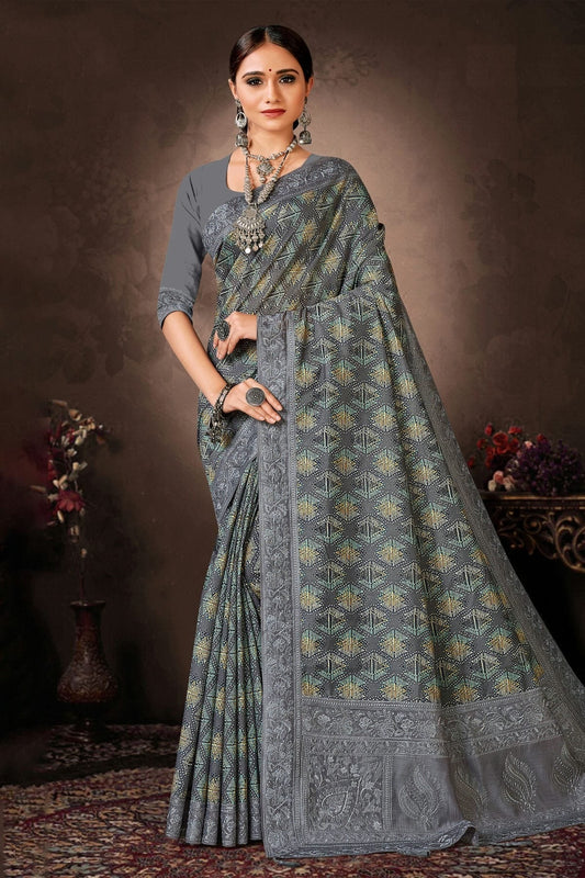 Grey Colour Chanderi Silk Printed Saree LC1121639