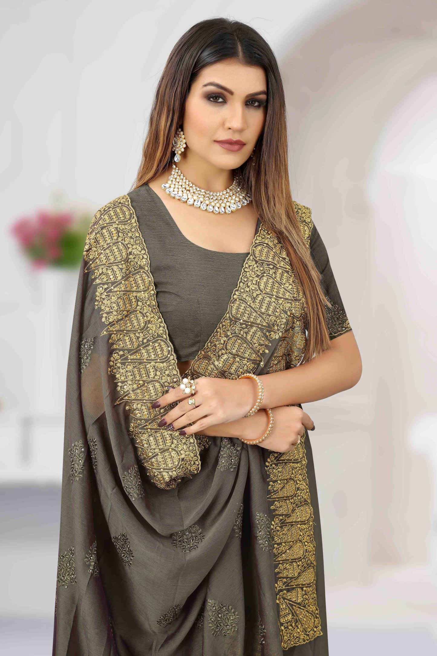 Grey Colour Chiffon Designer Saree SD1121204 A